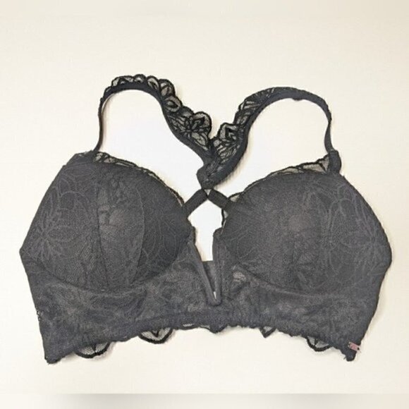 PINK Victoria's Secret DATE PUSH UP RACERBACK MEDIUM SOLID BLACK LACE - Picture 1 of 6